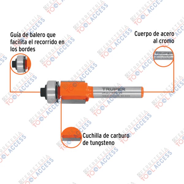 Broca para router, corte recto, 1/2" con balero, Truper - Imagen 3
