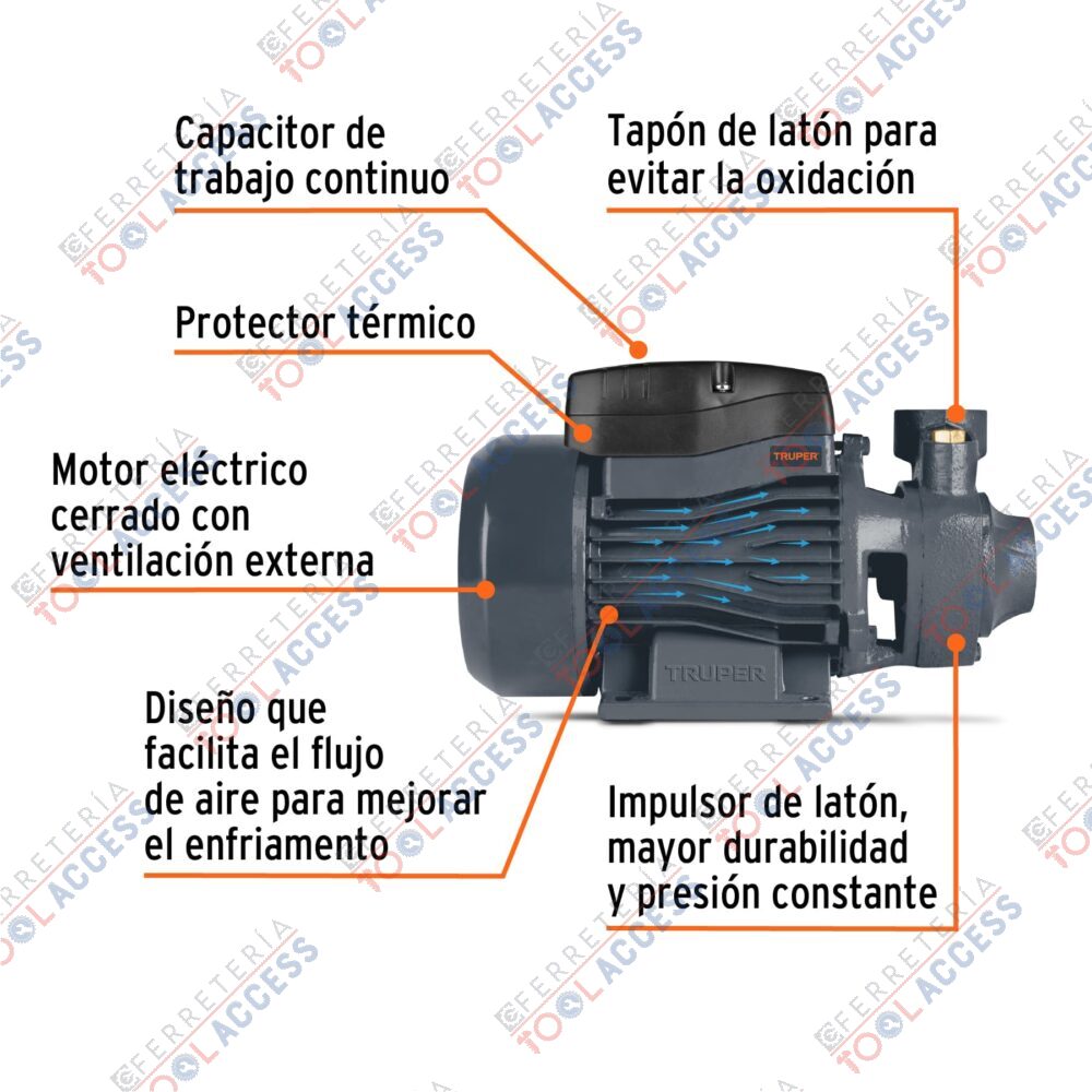 Bomba periférica 1/2HP, altura máx 40m, uso agrícola, TRUPER - Imagen 2