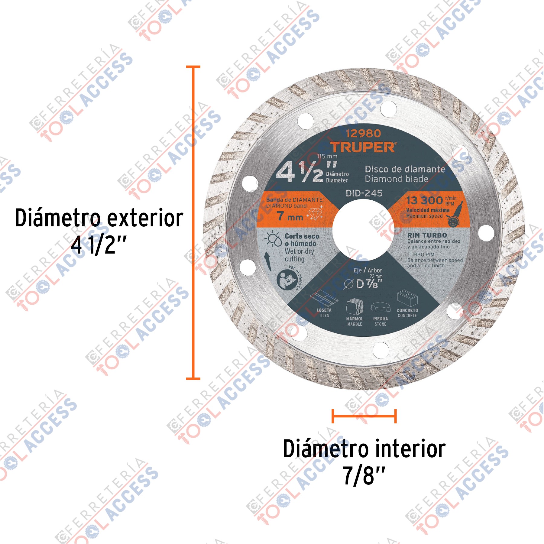 Disco de diamante de 4-1/2" x 2.2 mm, rin turbo, TRUPER - Imagen 3