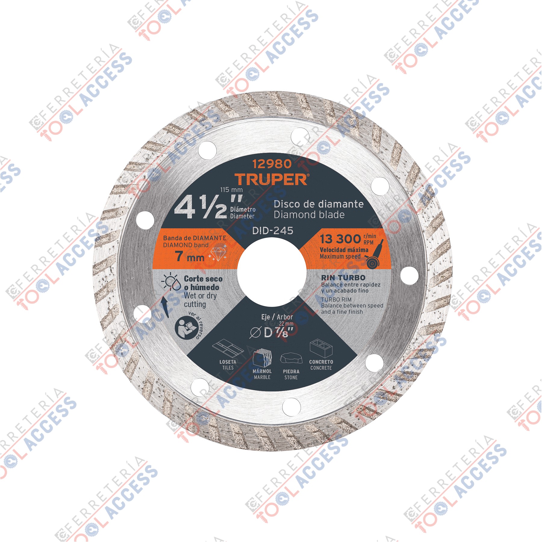 Disco de diamante de 4-1/2" x 2.2 mm, rin turbo, TRUPER