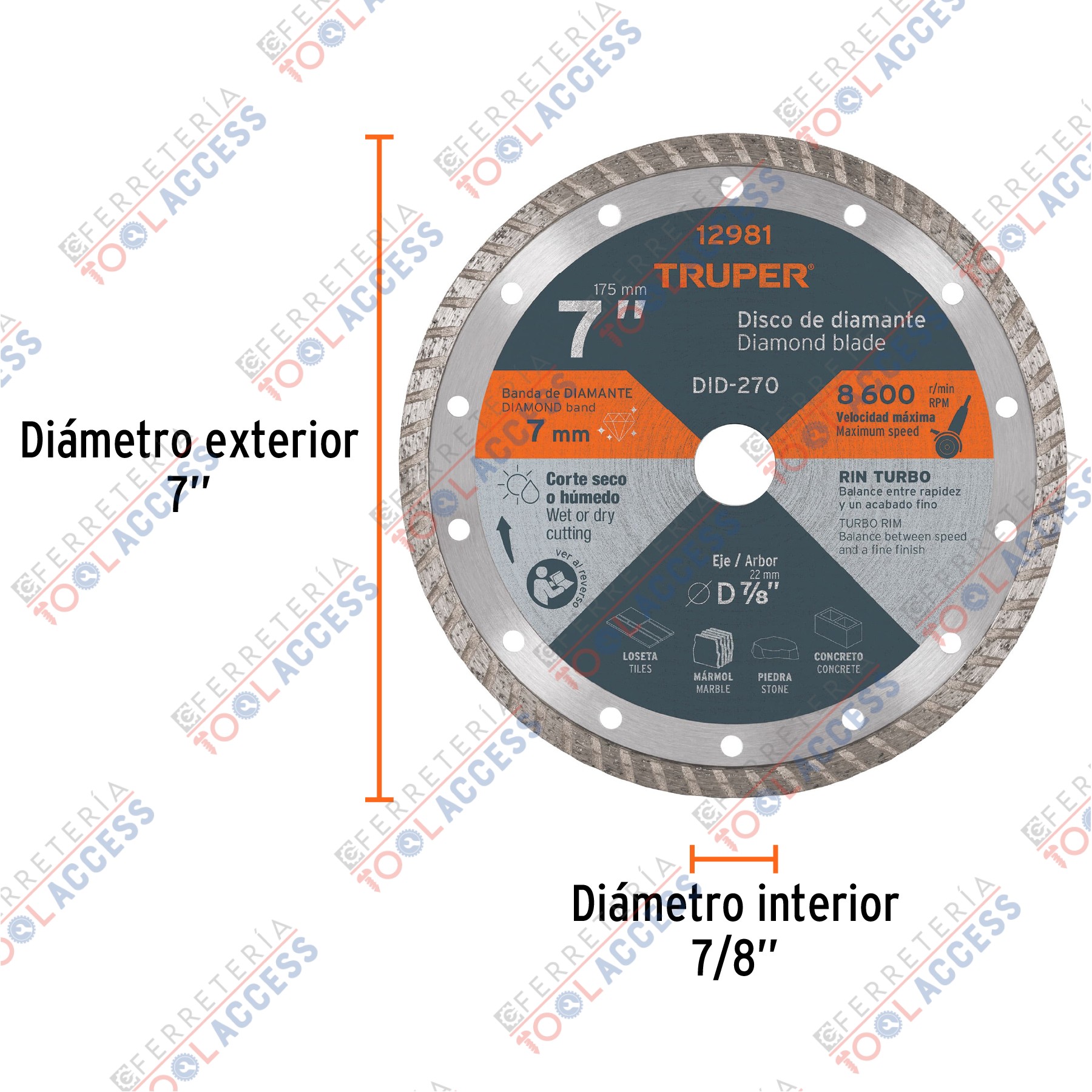 Disco de diamante de 7" x 2.8 mm, rin turbo, TRUPER - Imagen 3