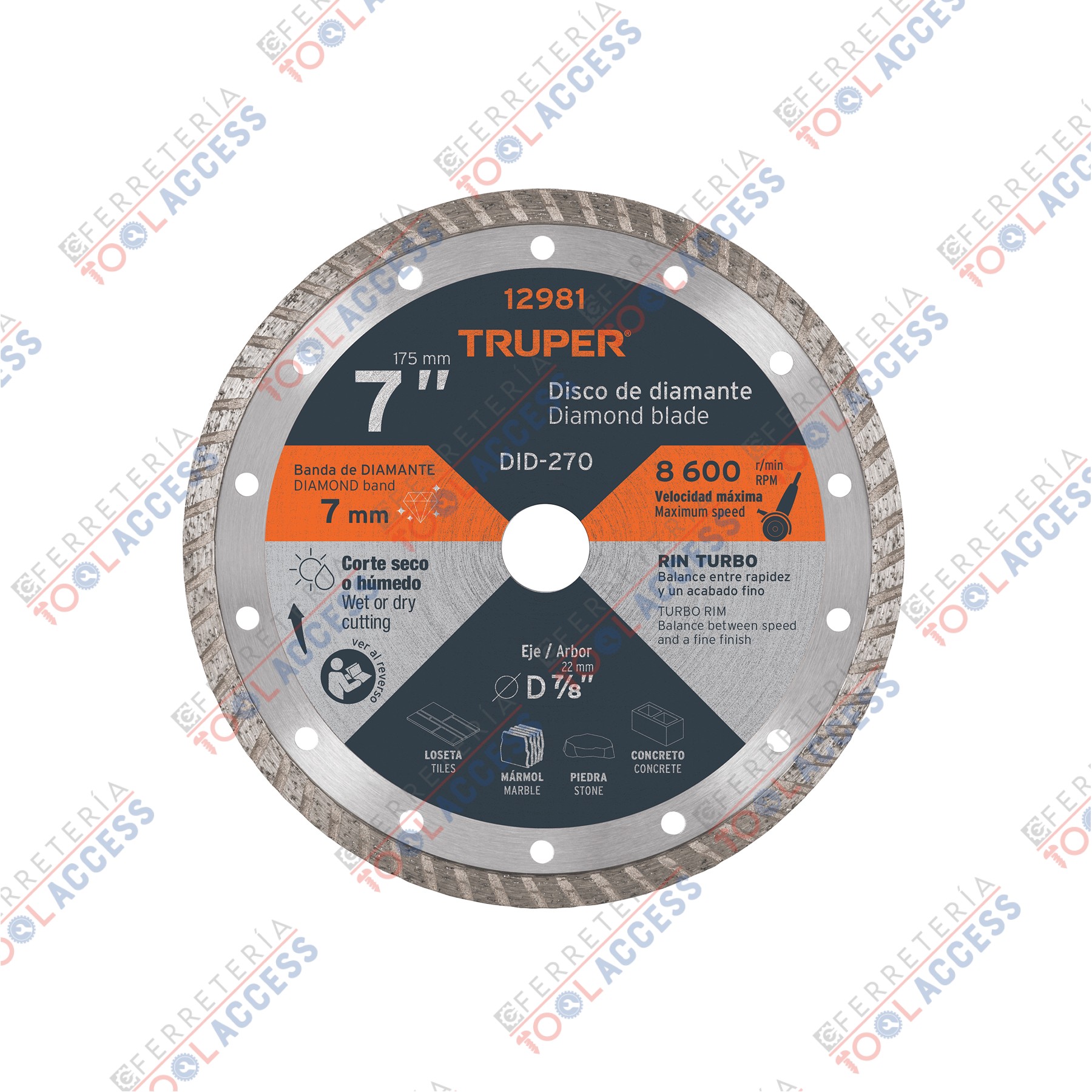 Disco de diamante de 7" x 2.8 mm, rin turbo, TRUPER