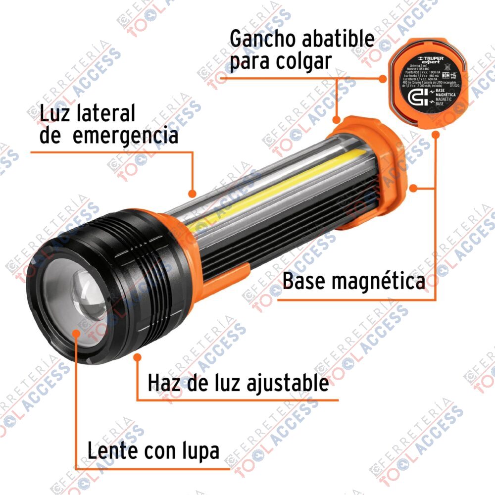 Linterna recargable con luz emergencia, 480lm, Truper - Imagen 2