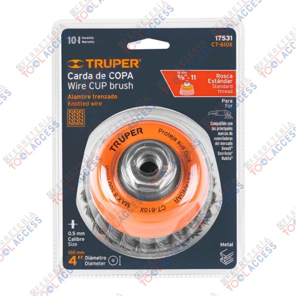Carda copa 4" alambre trenzado fino, eje M14, Truper - Imagen 2
