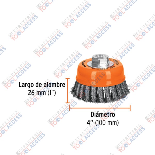 Carda copa 4" alambre trenzado fino, eje M14, Truper - Imagen 4