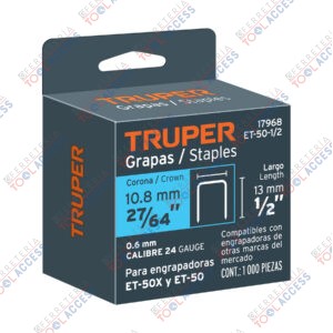 1000 grapas 1/2" corona 10.6 mm, para ET-50X y ET-50, TRUPER