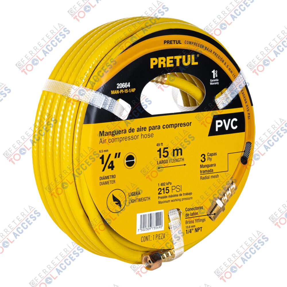 Manguera para compresor, de PVC, 15m x 1/4", PRETUL