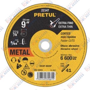 Disco Tipo 41 de 9" x 2 mm corte fino de metal, Pretul