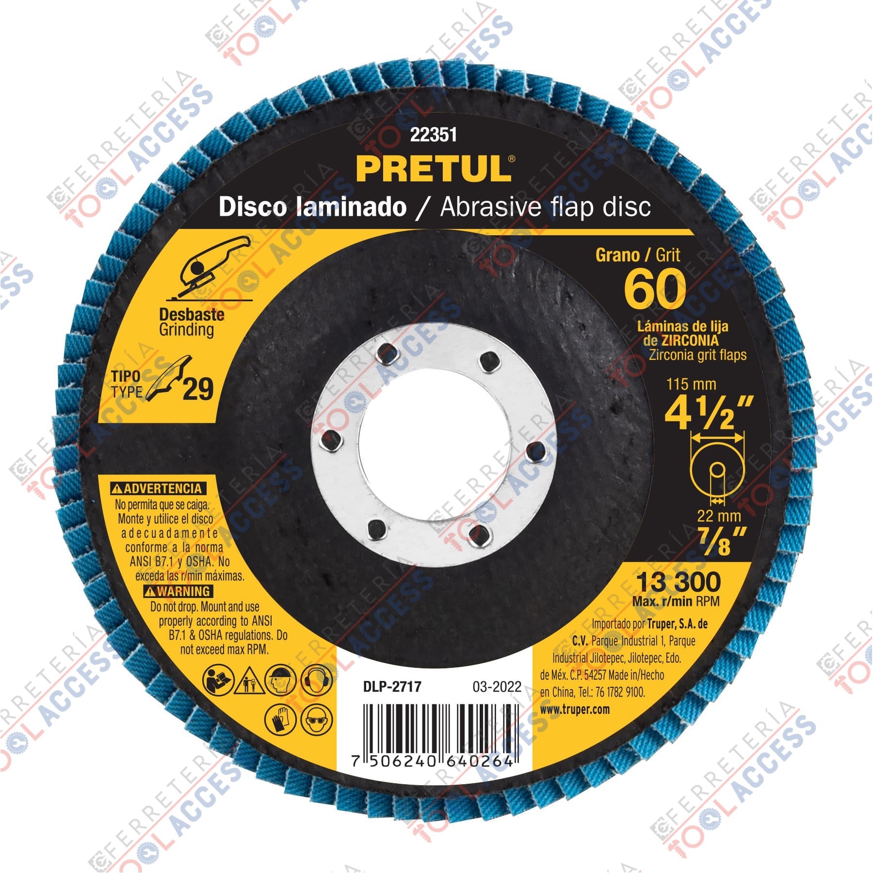 Disco laminado 4-1/2", grano 60 centro 7/8", fibra, PRETUL