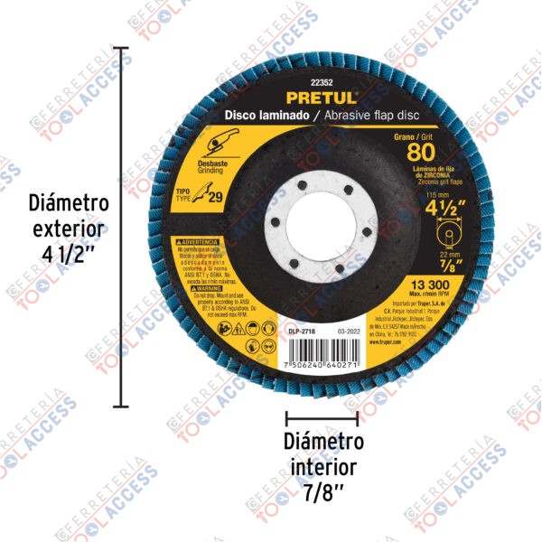 Disco laminado 4-1/2", grano 80 centro 7/8", fibra, PRETUL - Imagen 4