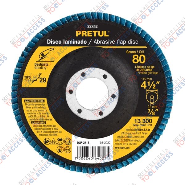 Disco laminado 4-1/2", grano 80 centro 7/8", fibra, PRETUL
