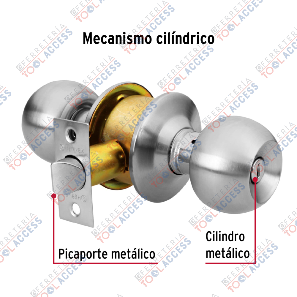 Cerradura tipo esfera, cilíndrico, baño, cromo, HERMEX - Imagen 2