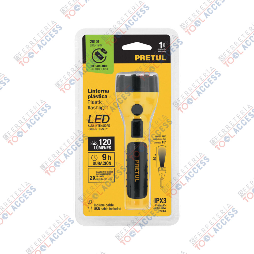 Linterna plástica de LED, 120 lm, recargable, PRETUL