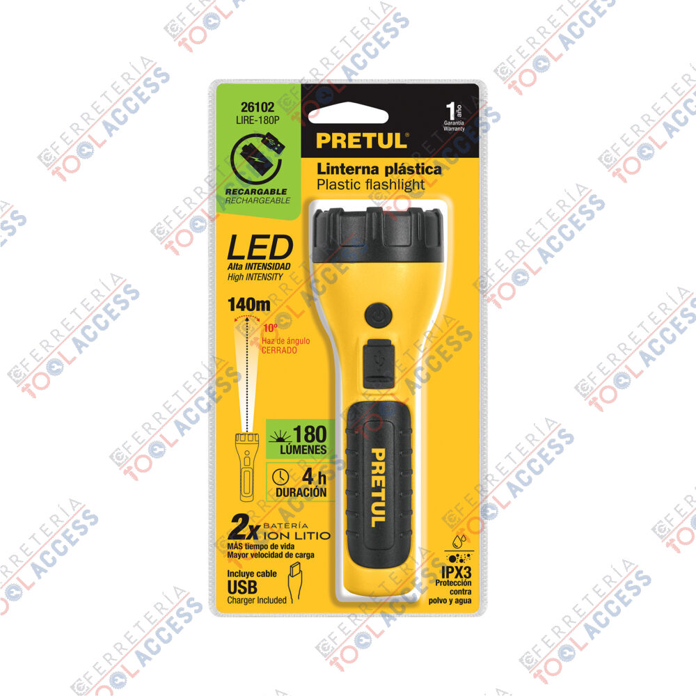 Linterna plástica de LED, 180 lm, recargable, PRETUL