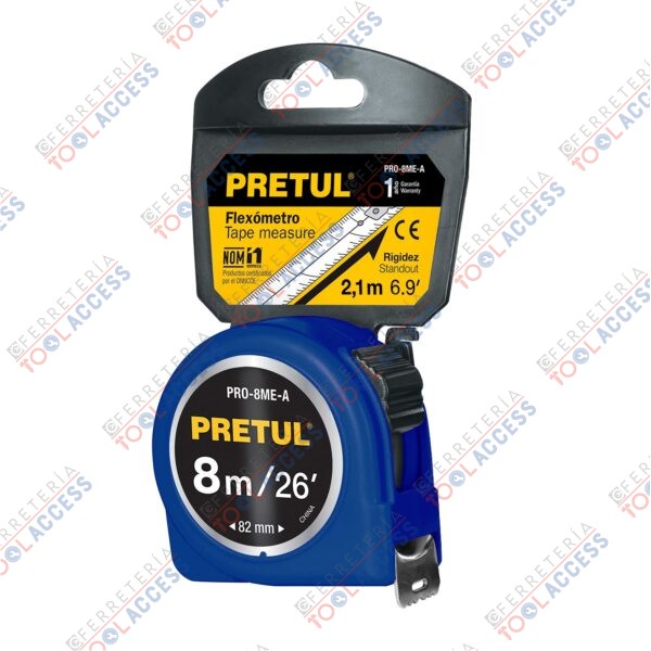 Flexómetro azul 8 m cinta 25 mm, en tarjeta, PRETUL