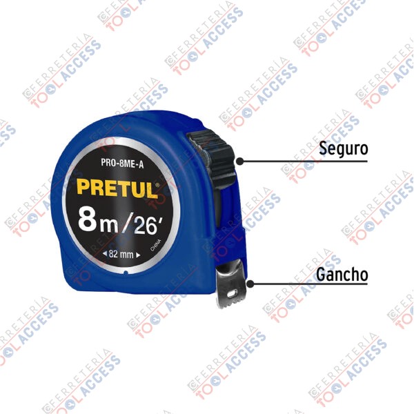 Flexómetro azul 8 m cinta 25 mm, en tarjeta, PRETUL - Imagen 2