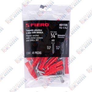 Kit de 20 taquetes 1/4" con pijas #8 y 1 broca 1/4", FIERO