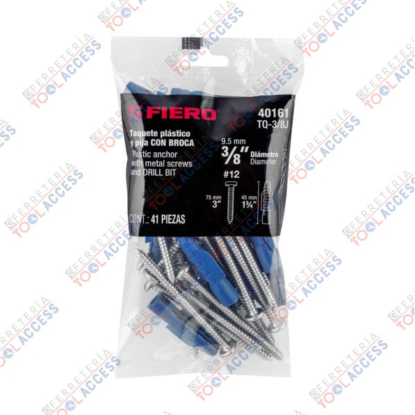 Kit de 20 taquetes 3/8" con pijas #12 y 1 broca 3/8", FIERO - Imagen 2