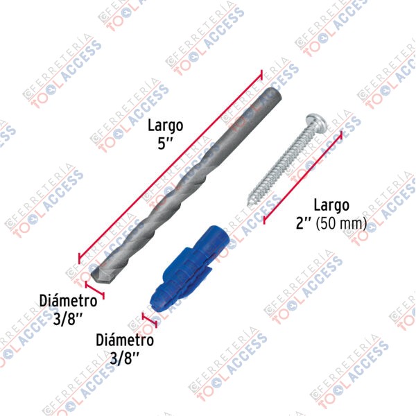 Kit de 20 taquetes 3/8" con pijas #12 y 1 broca 3/8", FIERO - Imagen 4