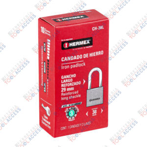 Candado de hierro 38 mm, gancho largo en caja, HERMEX