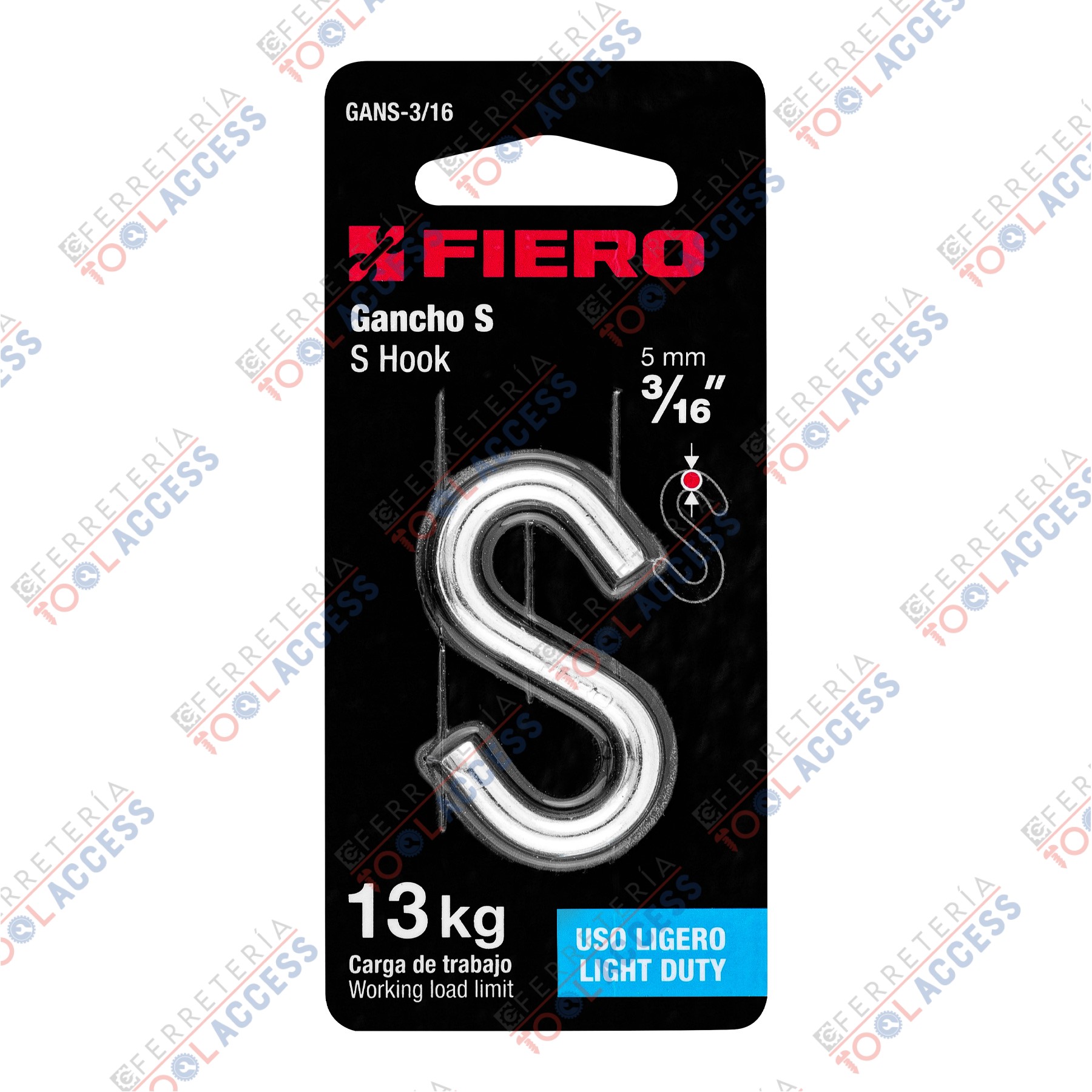 Gancho "S" de 3/16" de acero para cable, FIERO