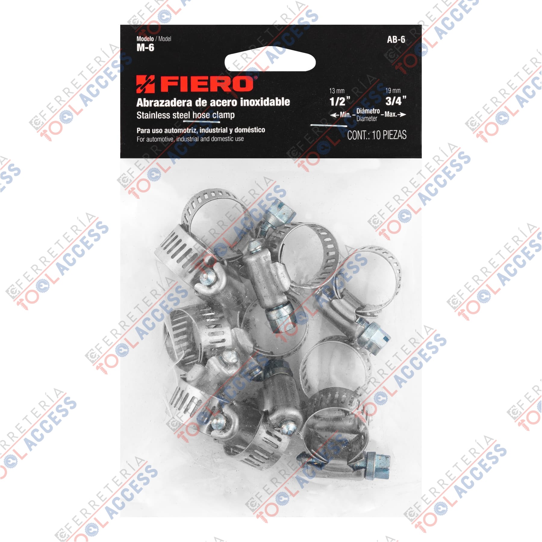 Bolsa con 10 abrazaderas sin fin # 6, 1/2 - 3/4", FIERO