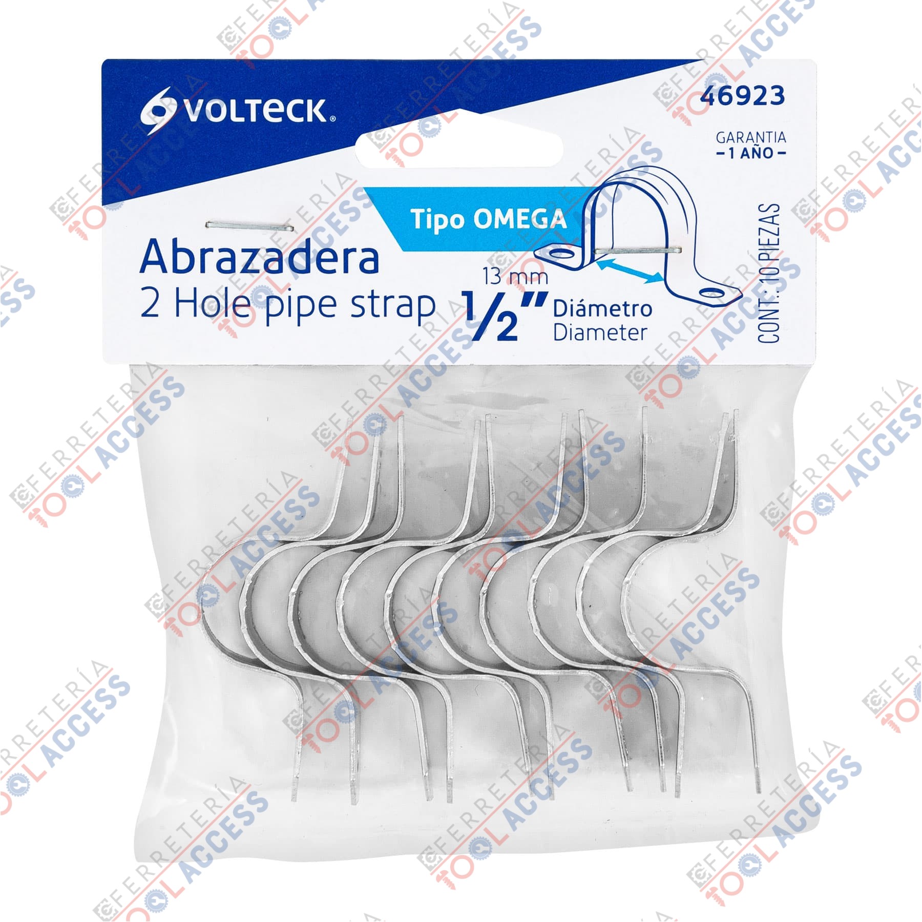 Bolsa c/10 abrazaderas tipo omega 1/2" p/tubo pared delgada, Volteck