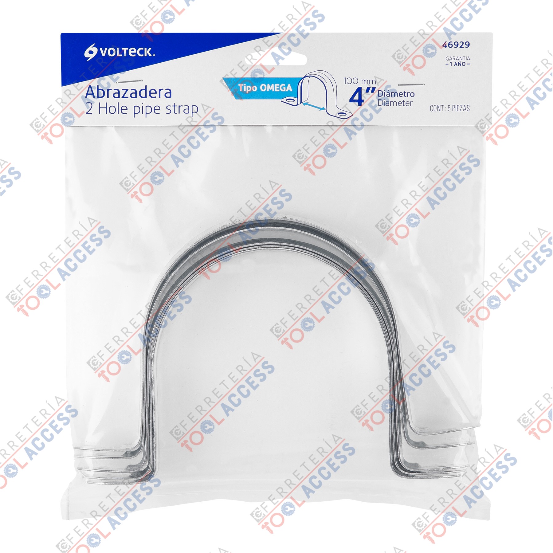 Bolsa c/5 abrazaderas tipo omega 4" p/tubo pared delgada, Volteck