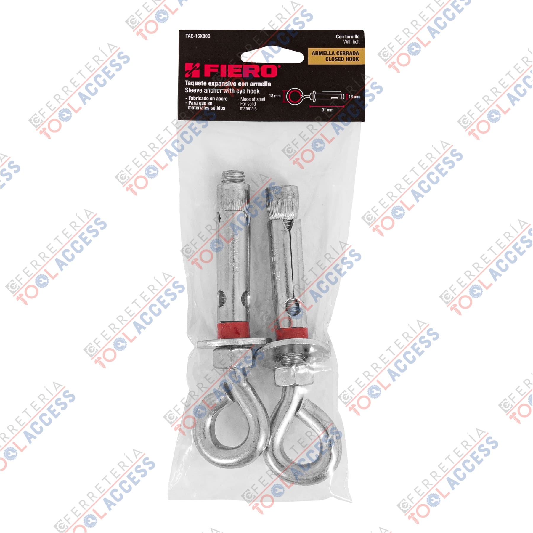 Bolsa con 2 taquetes expansivos 16x90 mm con armella cerrada, Fiero