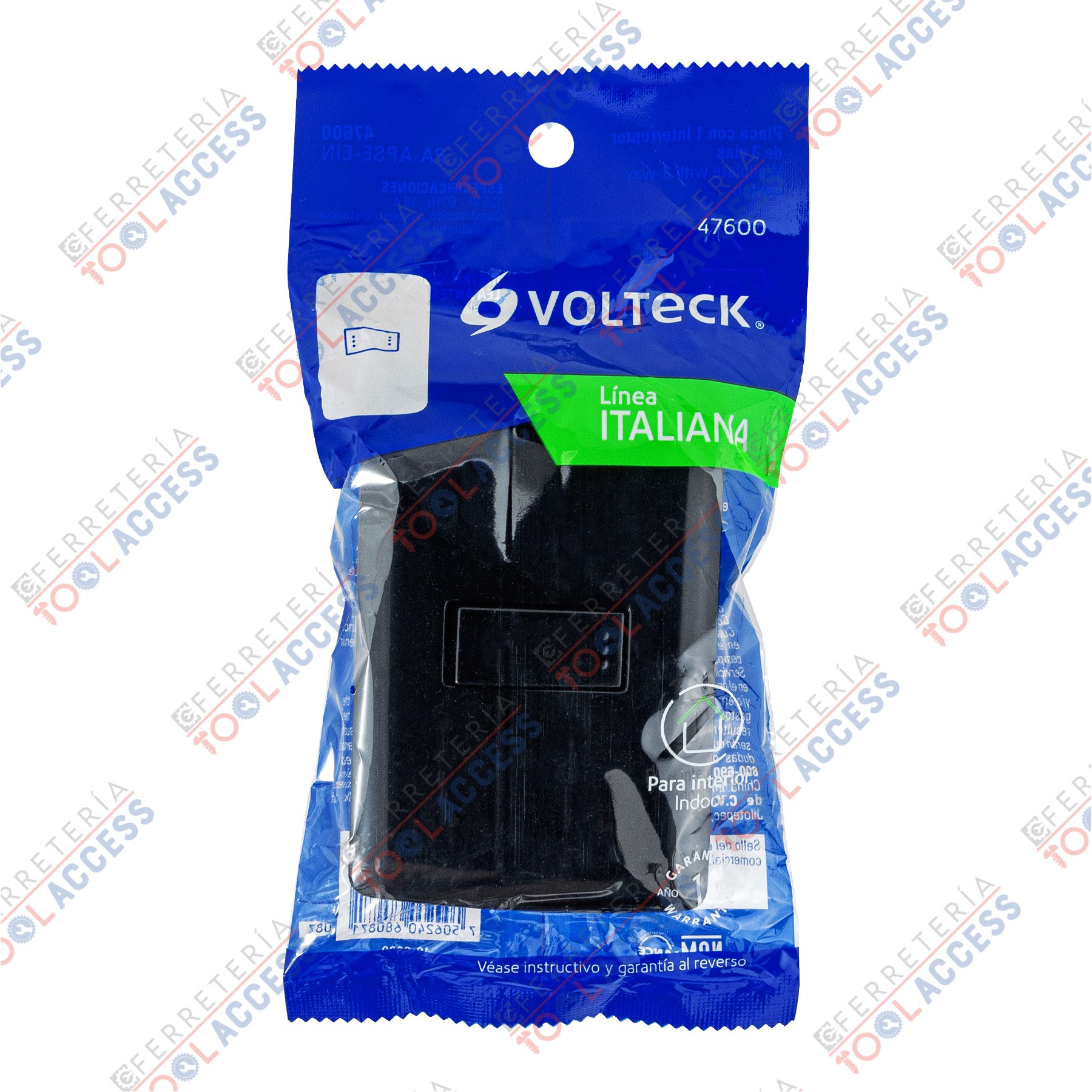 Placa armada 1 interruptor escalera, negro, línea Italiana, Volteck