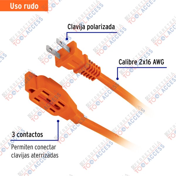 Extensión eléctrica de uso rudo 2 m 2x16 AWG, Volteck - Imagen 2